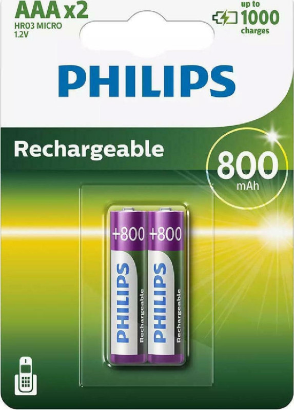 PHILIPS επαναφορτιζόμενη μπαταρία R03B2A80 800mAh, AAA HR03 Micro, 2τμχ