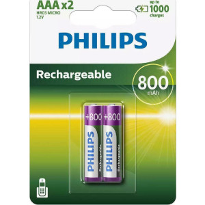 PHILIPS επαναφορτιζόμενη μπαταρία R03B2A80 800mAh, AAA HR03 Micro, 2τμχ