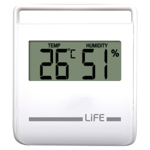 Ψηφιακό θερμόμετρο / υγρόμετρο εσωτερικού χώρου, σε λευκό χρώμα.